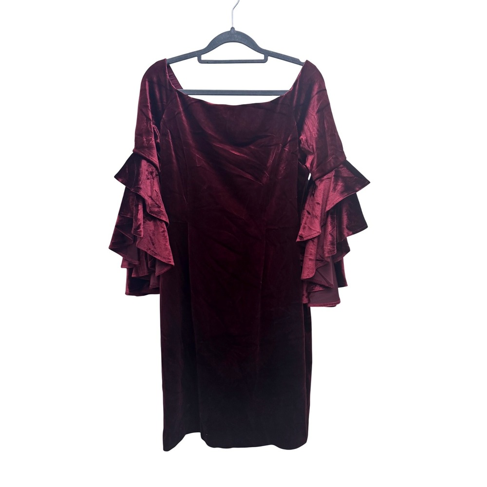 Tahari Velvet Sheath Mini Dress Size 6 Burgundy Ruffle Sleeve Cocktail Holiday - Picture 2 of 7
